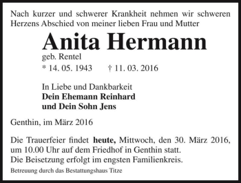 Traueranzeige von Anita Hermann (geb. Rentel)  von Magdeburger Volksstimme