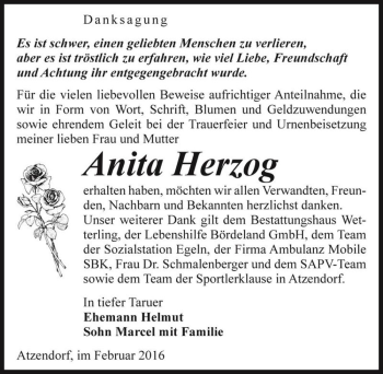 Traueranzeige von Anita Herzog  von Magdeburger Volksstimme