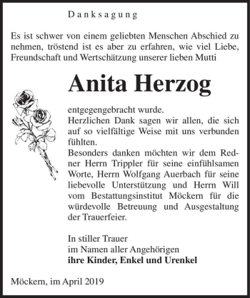 Traueranzeige von Anita Herzog  von Magdeburger Volksstimme