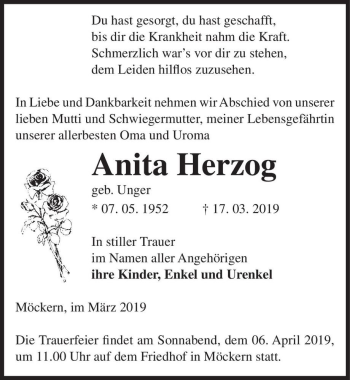 Traueranzeige von Anita Herzog (geb. Unger)  von Magdeburger Volksstimme