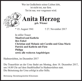 Traueranzeige von Anita Herzog (geb. Wiener)  von Magdeburger Volksstimme