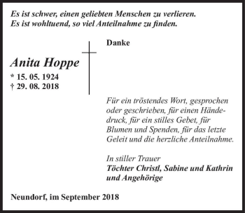 Traueranzeige von Anita Hoppe  von Magdeburger Volksstimme