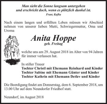 Traueranzeige von Anita Hoppe (geb. Freitag)  von Magdeburger Volksstimme