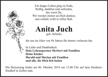 Traueranzeige von Anita Juch (geb. Schieke)  von Magdeburger Volksstimme