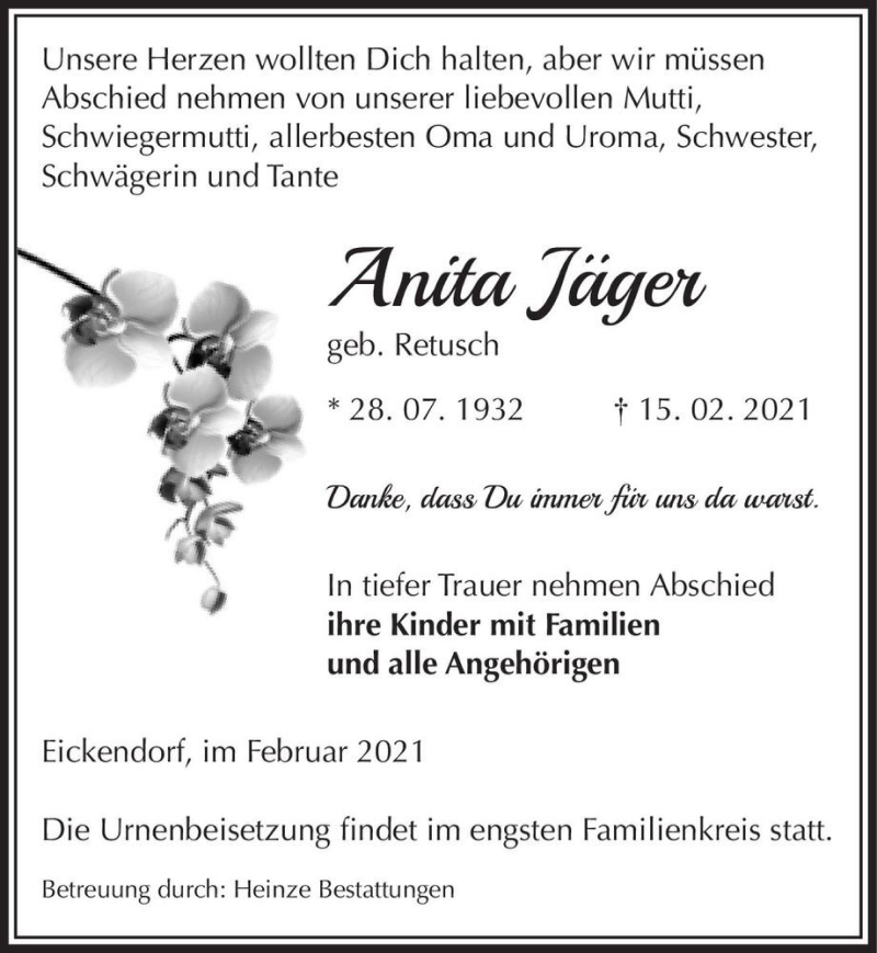  Traueranzeige für Anita Jäger (geb. Retusch)  vom 20.02.2021 aus Magdeburger Volksstimme