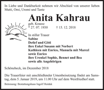 Traueranzeige von Anita Kahrau (geb. Krause)  von Magdeburger Volksstimme