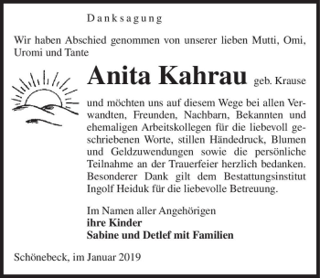 Traueranzeige von Anita Kahrau (geb. Krause)  von Magdeburger Volksstimme