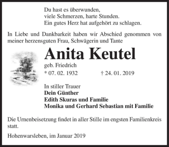Traueranzeige von Anita Keutel (geb. Friedrich)  von Magdeburger Volksstimme