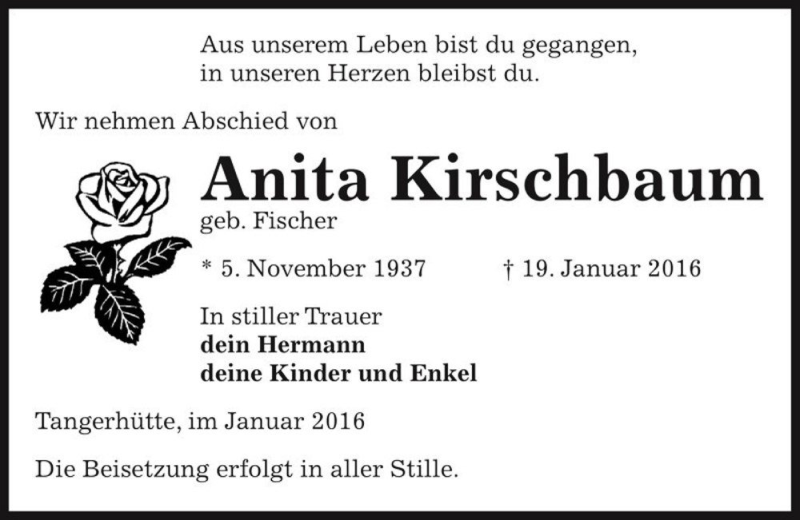  Traueranzeige für Anita Kirschbaum (geb. Fischer)  vom 23.01.2016 aus Magdeburger Volksstimme