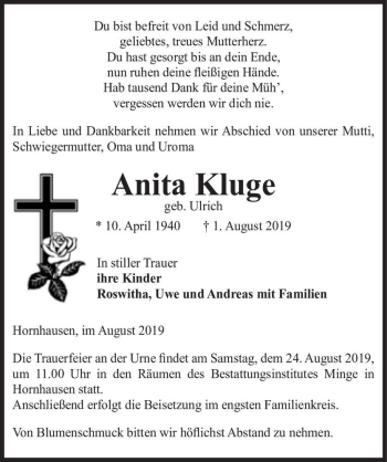 Traueranzeige von Anita Kluge (geb. Ulrich)  von Magdeburger Volksstimme