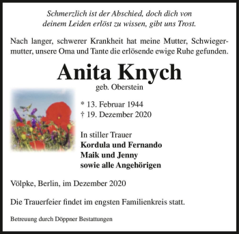 Traueranzeige von Anita Knych (geb. Oberstein)  von Magdeburger Volksstimme
