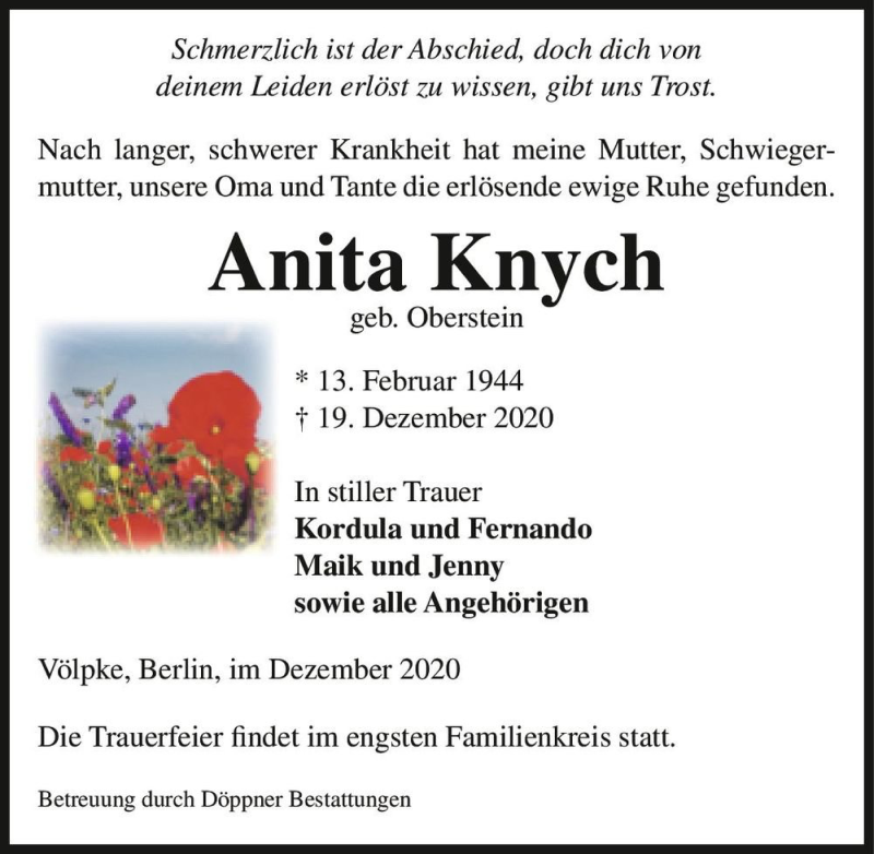  Traueranzeige für Anita Knych (geb. Oberstein)  vom 30.12.2020 aus Magdeburger Volksstimme
