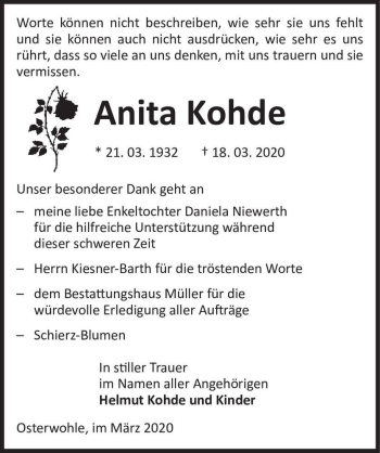 Traueranzeige von Anita Kohde  von Magdeburger Volksstimme