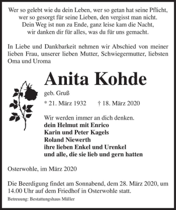 Traueranzeige von Anita Kohde (geb. Gruß)  von Magdeburger Volksstimme