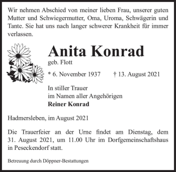 Traueranzeige von Anita Konrad (geb. Flott)  von Magdeburger Volksstimme