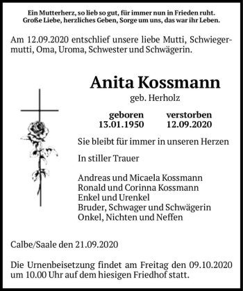 Traueranzeige von Anita Kossmann (geb. Herholz)  von Magdeburger Volksstimme
