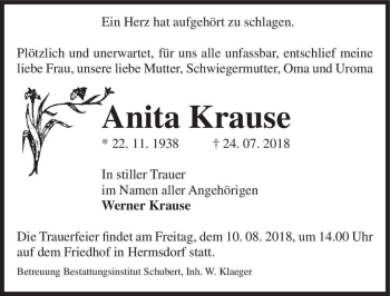 Traueranzeige von Anita Krause  von Magdeburger Volksstimme