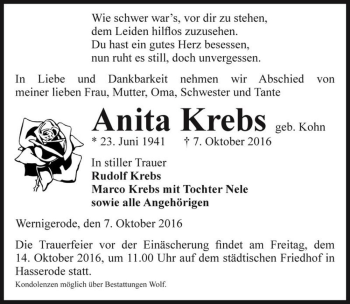Traueranzeige von Anita Krebs (geb. Kohn)  von Magdeburger Volksstimme
