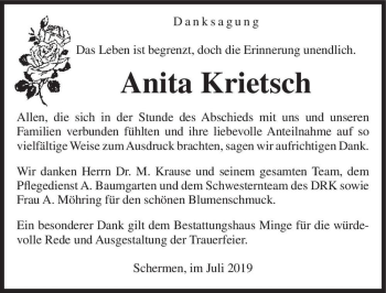 Traueranzeige von Anita Krietsch  von Magdeburger Volksstimme