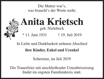 Traueranzeige von Anita Krietsch (geb. Nielebock)  von Magdeburger Volksstimme