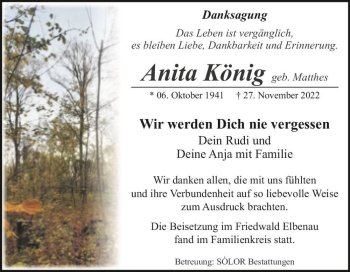 Traueranzeige von Anita König (geb. Matthes)  von Magdeburger Volksstimme