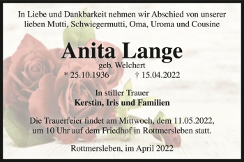 Traueranzeige von Anita Lange (geb. Welchert)  von Magdeburger Volksstimme
