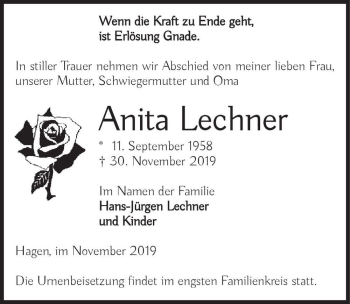 Traueranzeige von Anita Lechner  von Magdeburger Volksstimme