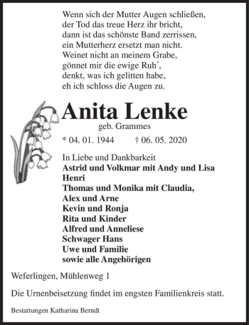 Traueranzeige von Anita Lenke (geb. Grammes)  von Magdeburger Volksstimme
