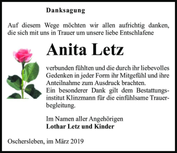 Traueranzeige von Anita Letz  von Magdeburger Volksstimme