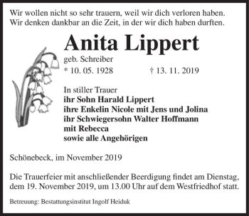 Traueranzeige von Anita Lippert (geb. Schreiber)  von Magdeburger Volksstimme