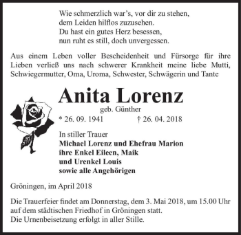Traueranzeige von Anita Lorenz (geb. Günther)  von Magdeburger Volksstimme