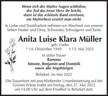 Traueranzeige von Anita Luise Klara Müller (geb. Looks)  von Magdeburger Volksstimme