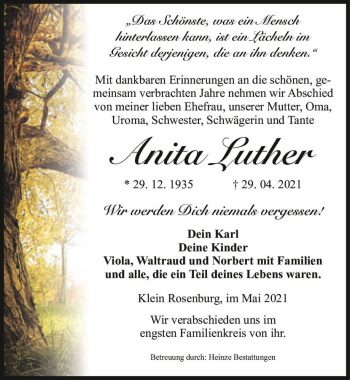 Traueranzeige von Anita Luther  von Magdeburger Volksstimme