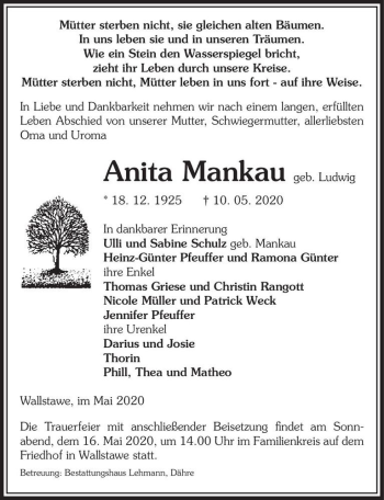 Traueranzeige von Anita Mankau (geb. Ludwig)  von Magdeburger Volksstimme