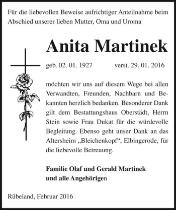 Traueranzeige von Anita Martinek  von Magdeburger Volksstimme