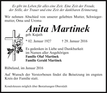 Traueranzeige von Anita Martinek (geb. Kujath)  von Magdeburger Volksstimme