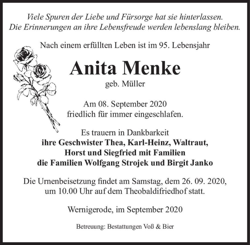  Traueranzeige für Anita Menke (geb. Müller)  vom 12.09.2020 aus Magdeburger Volksstimme