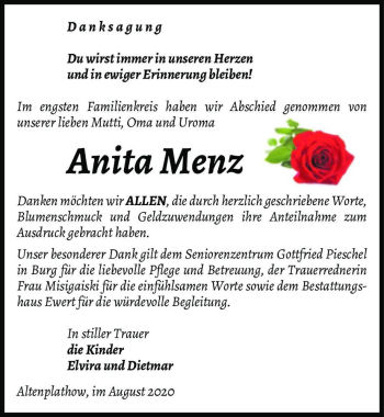 Traueranzeige von Anita Menz  von Magdeburger Volksstimme