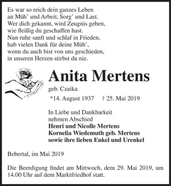 Traueranzeige von Anita Mertens (geb. Czaika)  von Magdeburger Volksstimme