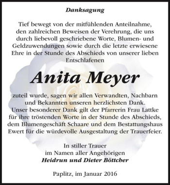 Traueranzeige von Anita Meyer  von Magdeburger Volksstimme