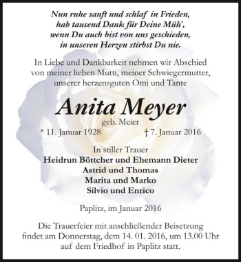 Traueranzeige von Anita Meyer (geb. Meier)  von Magdeburger Volksstimme