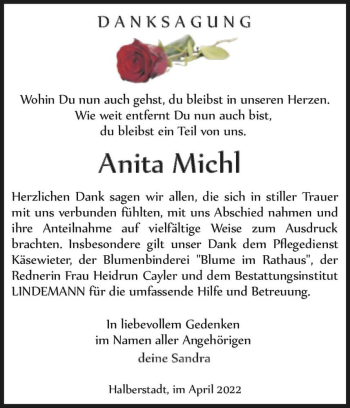 Traueranzeige von Anita Michl  von Magdeburger Volksstimme