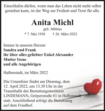 Traueranzeige von Anita Michl (geb. Möbius)  von Magdeburger Volksstimme