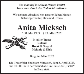 Traueranzeige von Anita Micksch  von Magdeburger Volksstimme