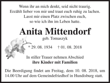 Traueranzeige von Anita Mittendorf (geb. Tomaszyk)  von Magdeburger Volksstimme