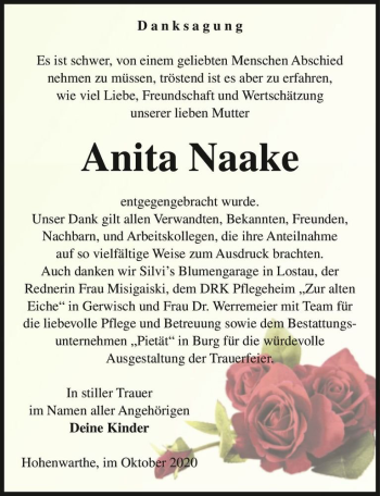 Traueranzeige von Anita Naake  von Magdeburger Volksstimme