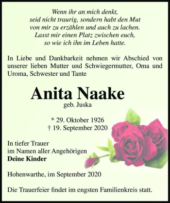 Traueranzeige von Anita Naake (geb. Juska)  von Magdeburger Volksstimme