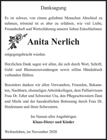 Traueranzeige von Anita Nerlich  von Magdeburger Volksstimme