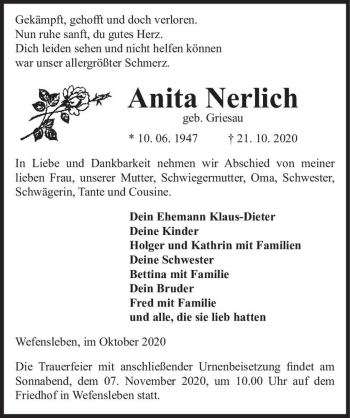 Traueranzeige von Anita Nerlich (geb. Griesau)  von Magdeburger Volksstimme