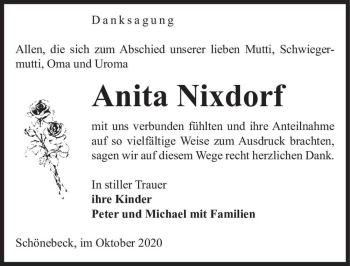 Traueranzeige von Anita Nixdorf  von Magdeburger Volksstimme